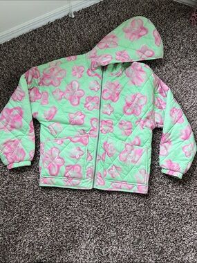 Quilted Hooded Jacket - Mint Green with Pink Floral